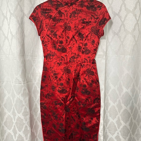Vintage 90's Style Y2K Cheongsam Chinese Red & Black Satin Dress 100% Silk - Picture 2 of 16